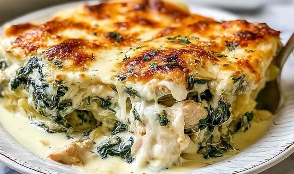Chicken and spinach casserole with cream cheese baked golden in a white ceramic baking dish with melted mozzarella on top