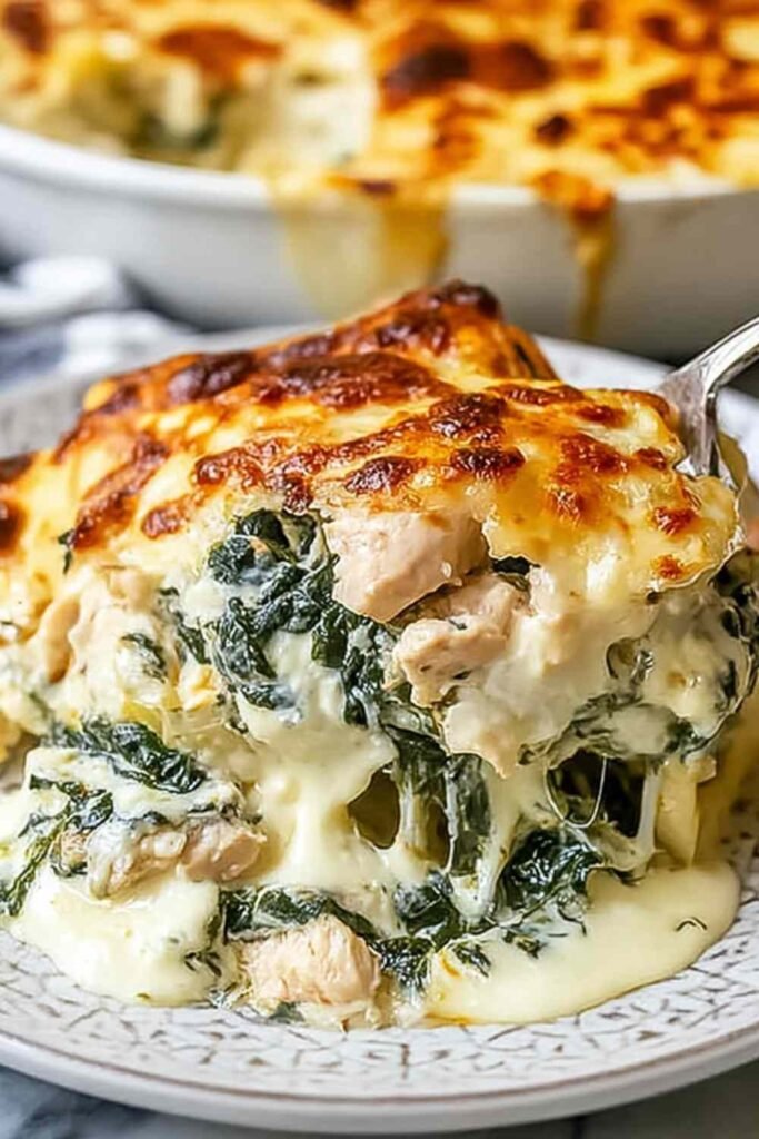 Chicken and spinach casserole with cream cheese baked golden in a white ceramic baking dish with melted mozzarella on top