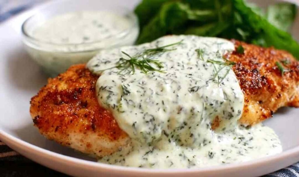 Chicken in basil cream sauce on a white plate with Parmesan cream sauce and fresh basil garnish
