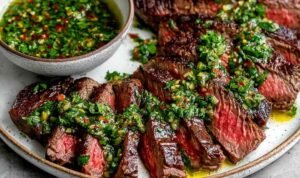 Chimichurri steak sliced against the grain on a wooden cutting board with vibrant green chimichurri sauce drizzled over the top