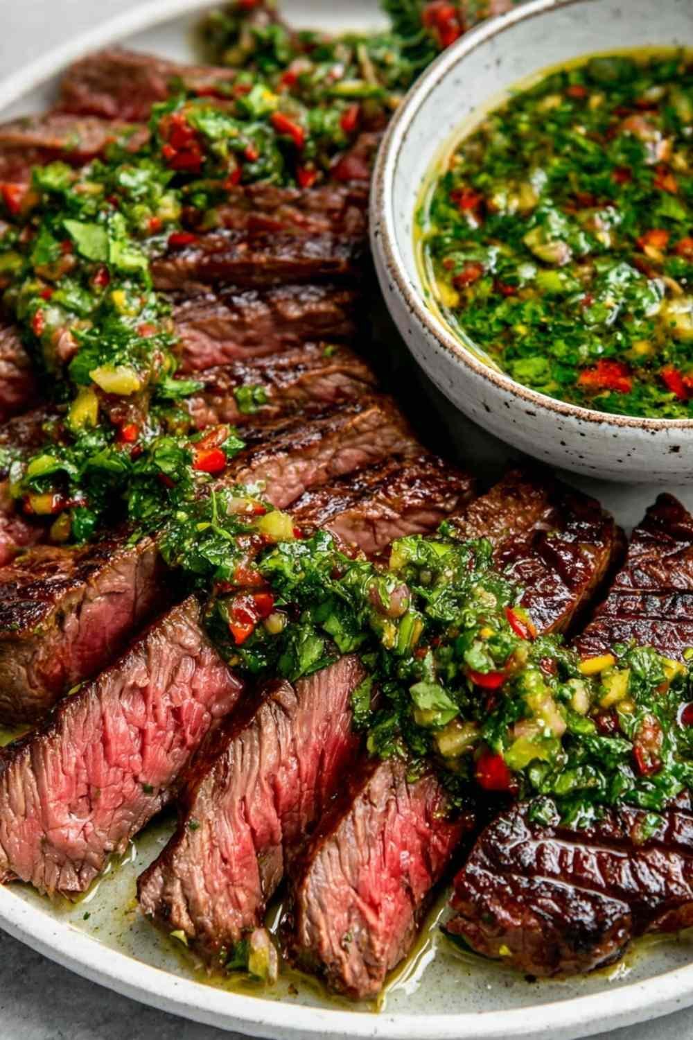 Chimichurri steak sliced against the grain on a wooden cutting board with vibrant green chimichurri sauce drizzled over the top