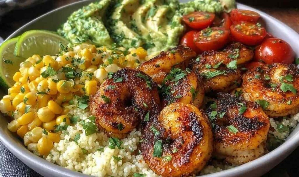 Cilantro lime shrimp bowl with golden seared shrimp over brown rice topped with avocado cherry tomatoes corn and fresh cilantro