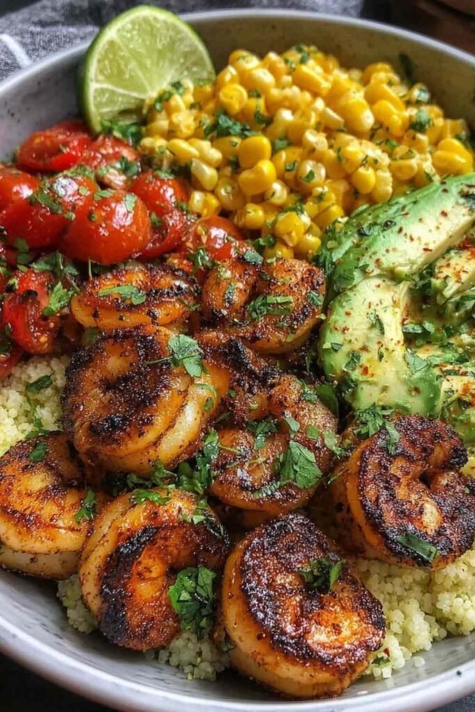 Cilantro lime shrimp bowl with golden seared shrimp over brown rice topped with avocado cherry tomatoes corn and fresh cilantro