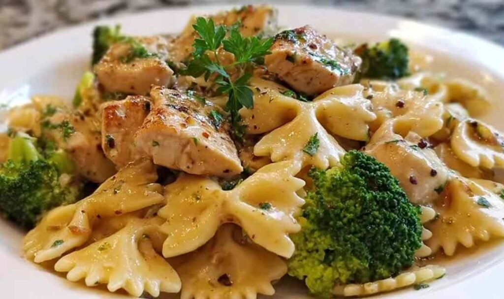 Cowboy butter lemon bowtie chicken with broccoli in a large skillet garnished with fresh parsley and lemon wedges