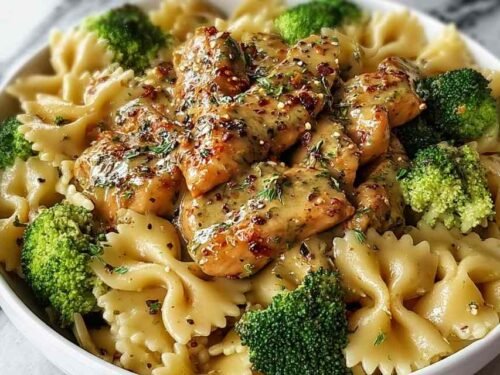 Cowboy Butter Lemon Bowtie Chicken with Broccoli in a skillet topped with Parmesan and fresh parsley