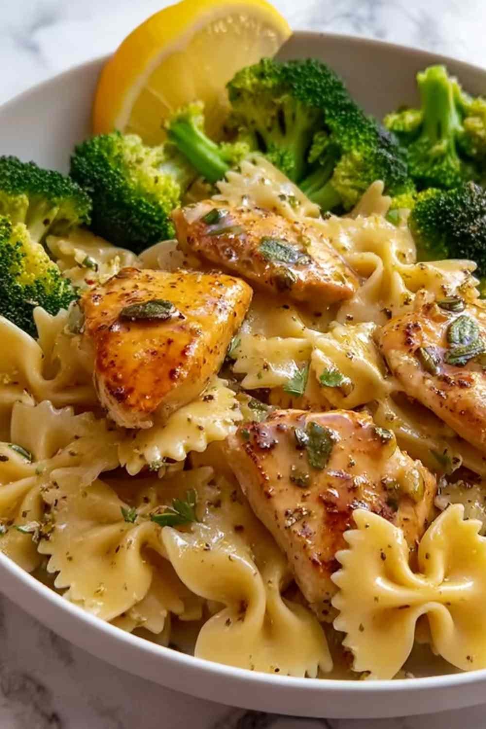 Cowboy butter lemon bowtie chicken with broccoli in a large skillet garnished with fresh parsley and lemon wedges