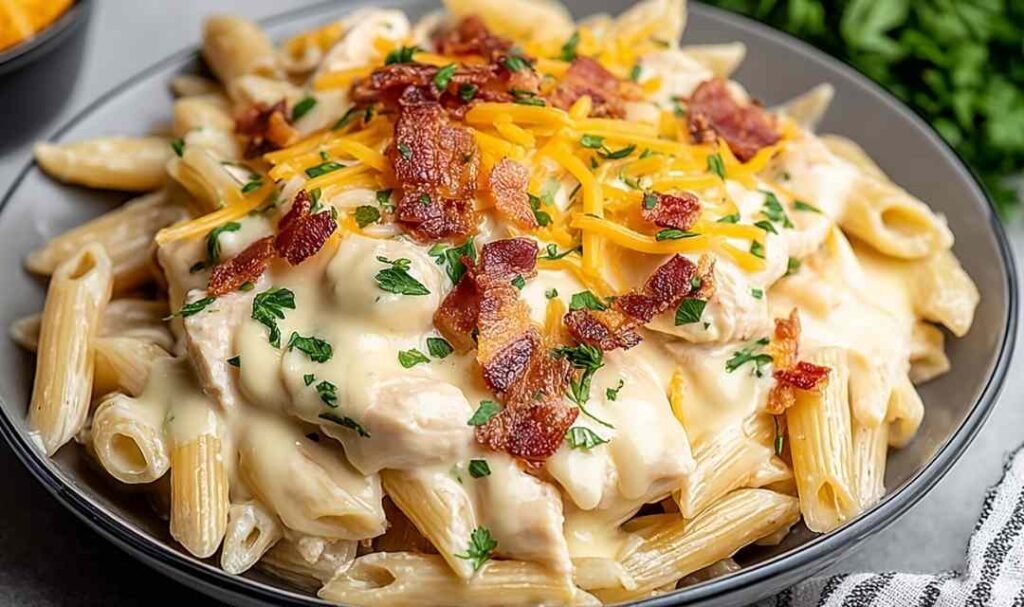 Creamy crack chicken penne in a pot with crispy bacon, shredded cheddar, and chopped green onions
