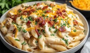 Crack Chicken Penne Creamy crack chicken penne in a pot with crispy bacon, shredded cheddar, and chopped green onions
