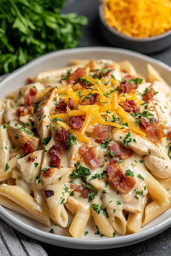 Creamy crack chicken penne in a pot with crispy bacon, shredded cheddar, and chopped green onions