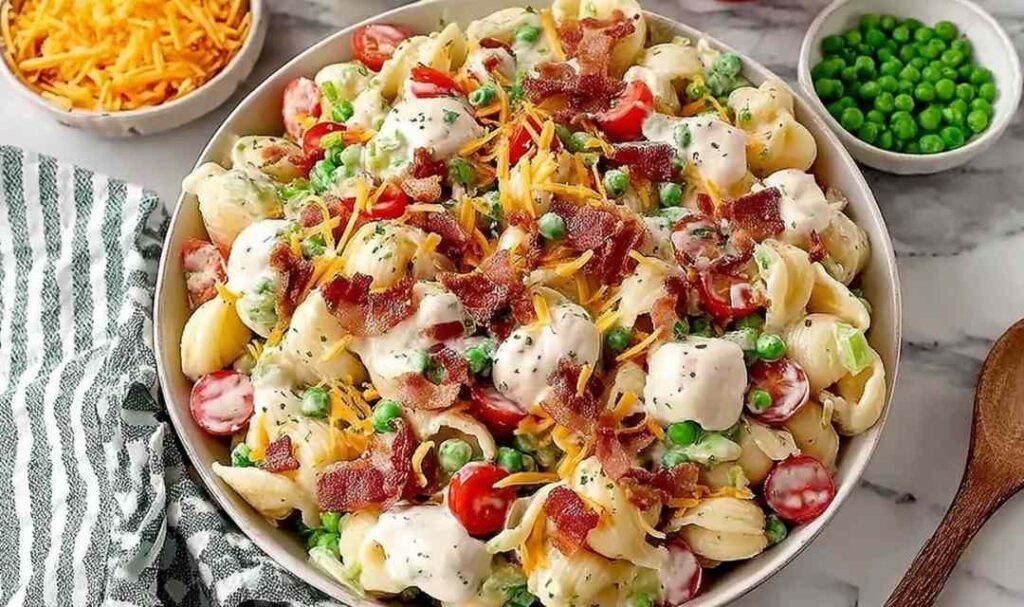 Bacon ranch pasta salad in a large white bowl with crispy bacon, cheddar cheese, peas, and grape tomatoes