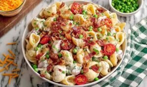Bacon Ranch Pasta Salad Bacon ranch pasta salad in a large white bowl with crispy bacon, cheddar cheese, peas, and grape tomatoes