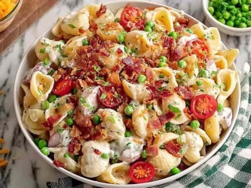 Bacon ranch pasta salad in a large white bowl with crispy bacon, cheddar cheese, peas, and grape tomatoes