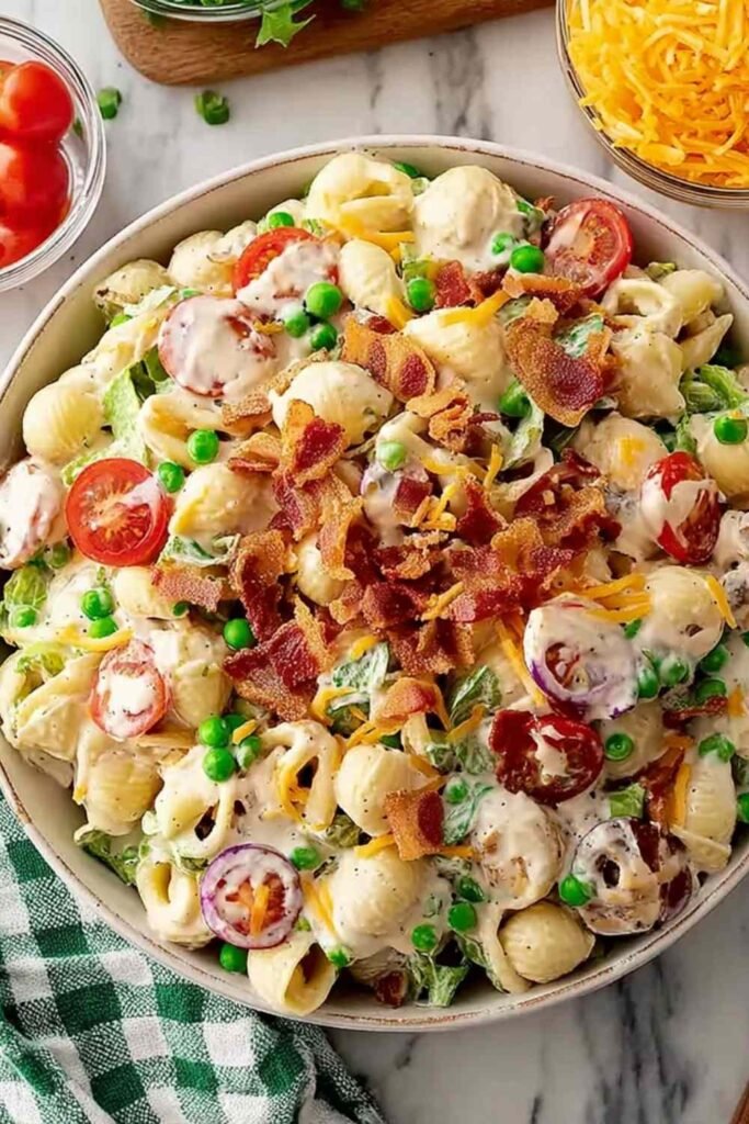 Bacon ranch pasta salad in a large white bowl with crispy bacon, cheddar cheese, peas, and grape tomatoes