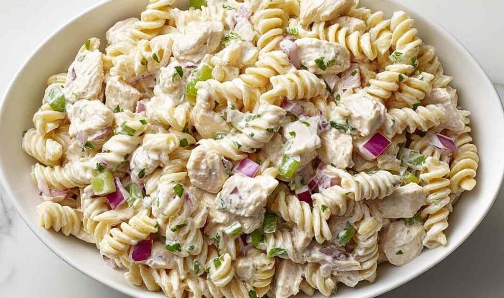 Creamy chicken pasta salad with rotini, chopped chicken, celery, and red onion in a large white bowl