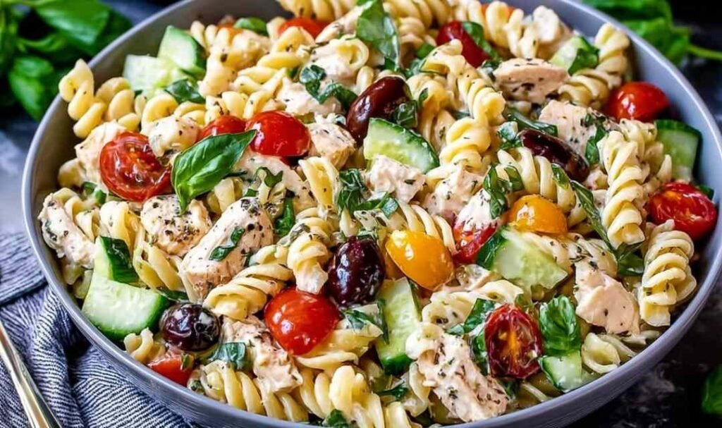 Creamy chicken pasta salad in large white bowl with avocado cherry tomatoes fresh basil grilled chicken and lemon garlic dressing
