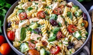 Creamy chicken pasta salad in large white bowl with avocado cherry tomatoes fresh basil grilled chicken and lemon garlic dressing