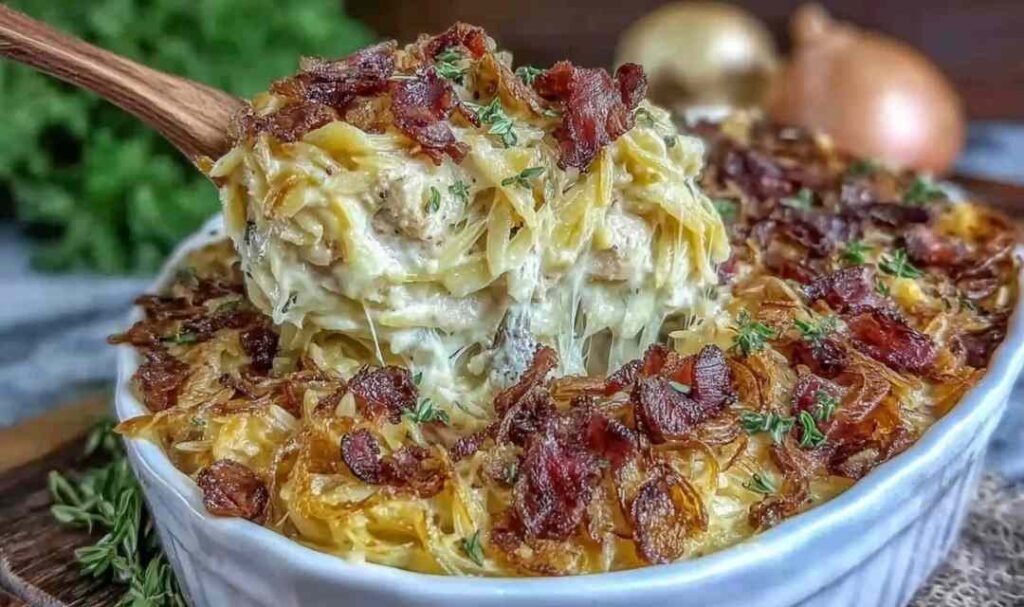Creamy French Onion Chicken Orzo Casserole with golden melted Swiss cheese and caramelized onions in a white baking dish