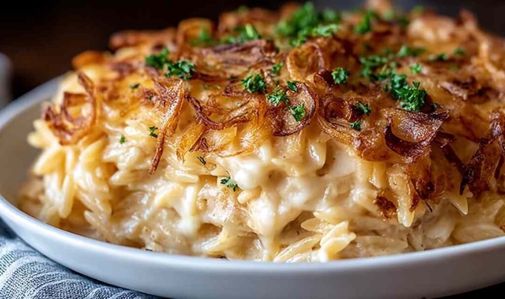 French Onion Chicken Orzo Casserole in a cast iron skillet with golden bubbly mozzarella on top, garnished with fresh thyme, straight from the oven