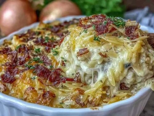 Creamy French Onion Chicken Orzo Casserole with golden melted Swiss cheese and caramelized onions in a white baking dish