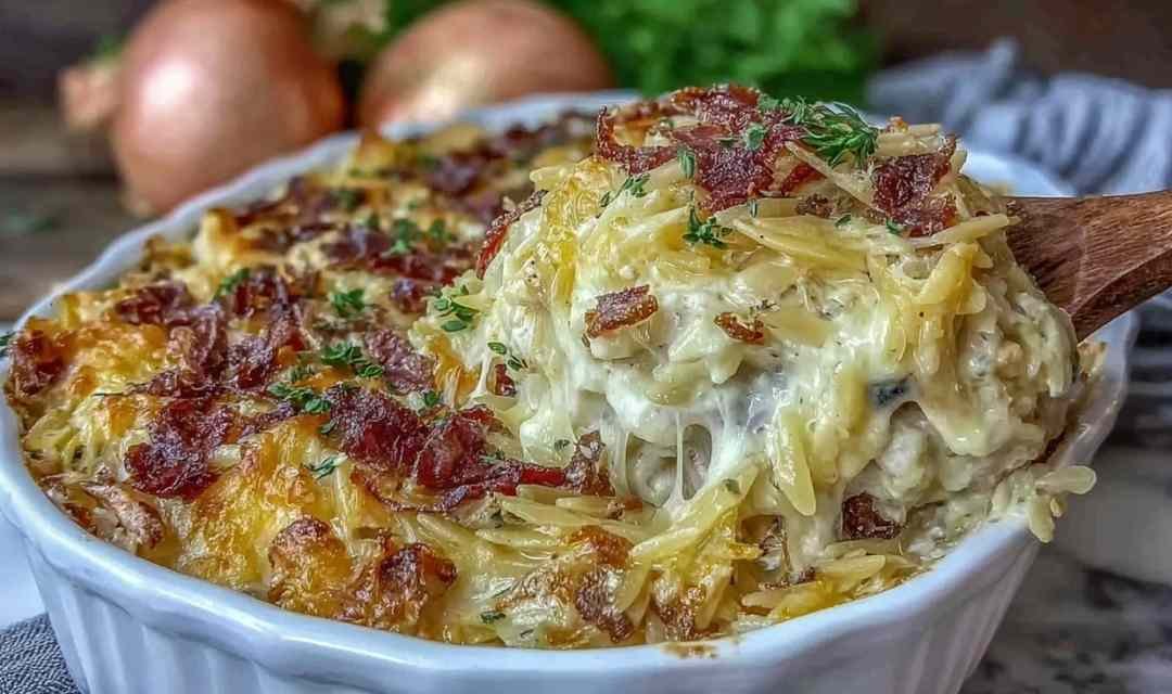 Creamy French Onion Chicken Orzo Casserole