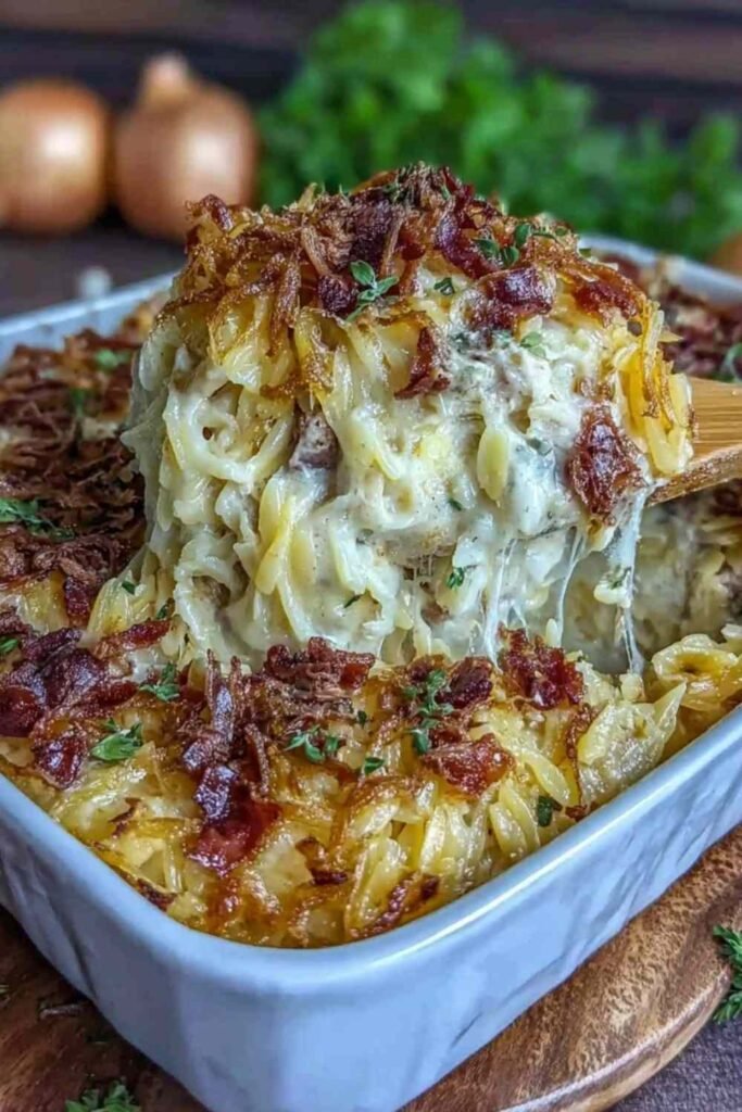 Creamy French Onion Chicken Orzo Casserole with golden melted Swiss cheese and caramelized onions in a white baking dish