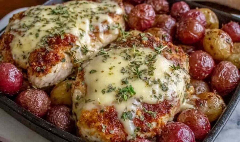 Creamy garlic cheesy chicken and potatoes in a skillet with bubbly golden mozzarella and fresh parsley