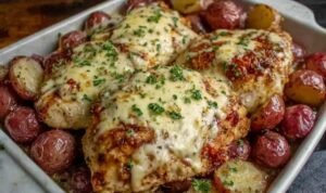 Creamy Garlic Cheesy Chicken and Potatoes Creamy garlic cheesy chicken and potatoes in a skillet with bubbly golden mozzarella and fresh parsley