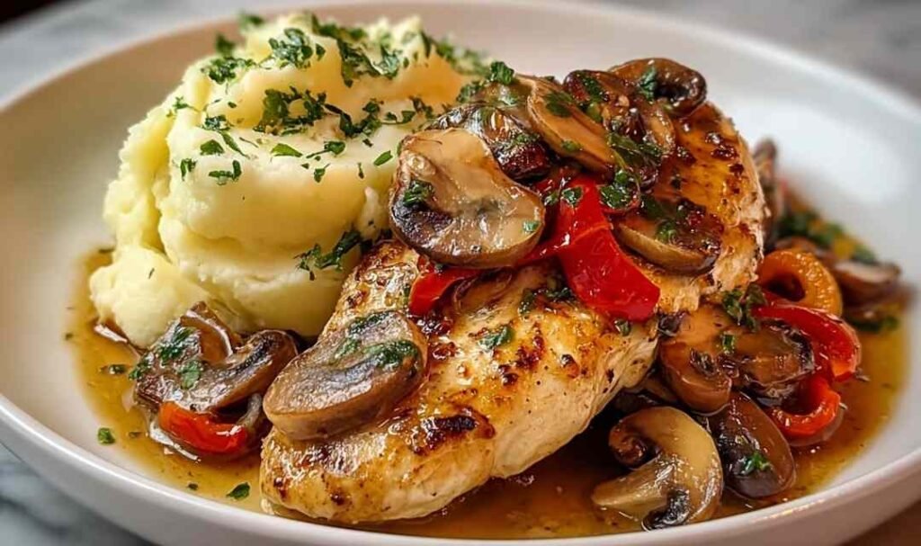 Garlic butter chicken with mushrooms peppers and mashed potatoes plated with golden chicken breast, colorful vegetables and creamy potatoes
