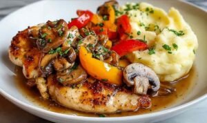 Garlic Butter Chicken with Mushrooms Peppers and Mashed Potatoes Garlic butter chicken with mushrooms peppers and mashed potatoes plated with golden chicken breast, colorful vegetables and creamy potatoes