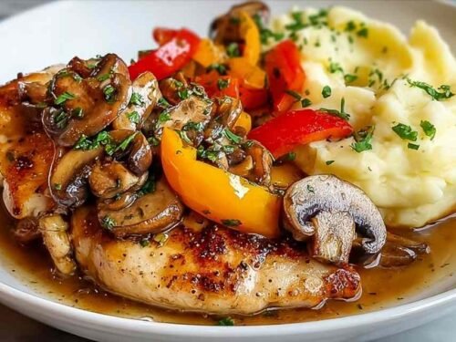 Garlic butter chicken with mushrooms peppers and mashed potatoes plated with golden chicken breast, colorful vegetables and creamy potatoes