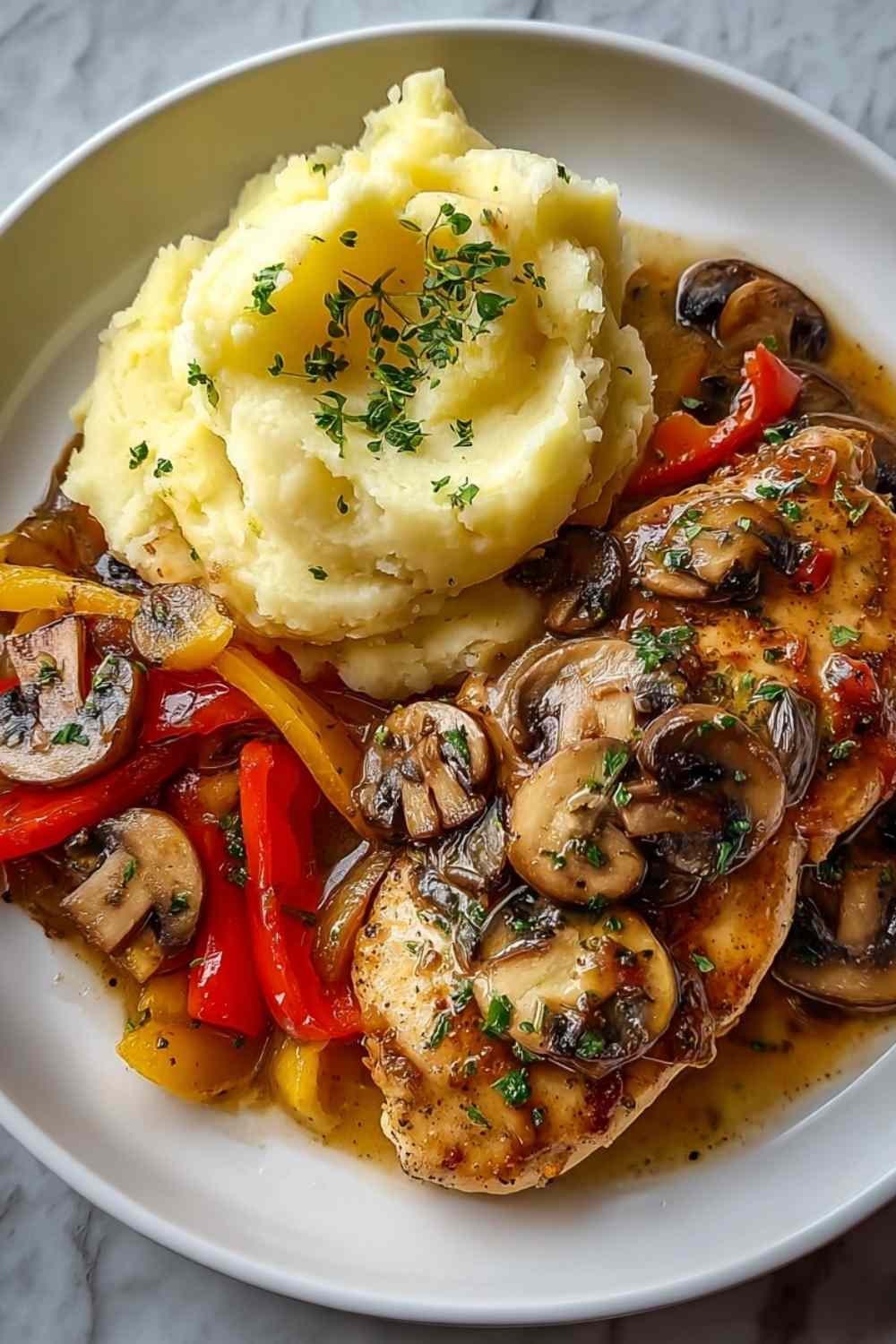 Garlic butter chicken with mushrooms peppers and mashed potatoes plated with golden chicken breast, colorful vegetables and creamy potatoes