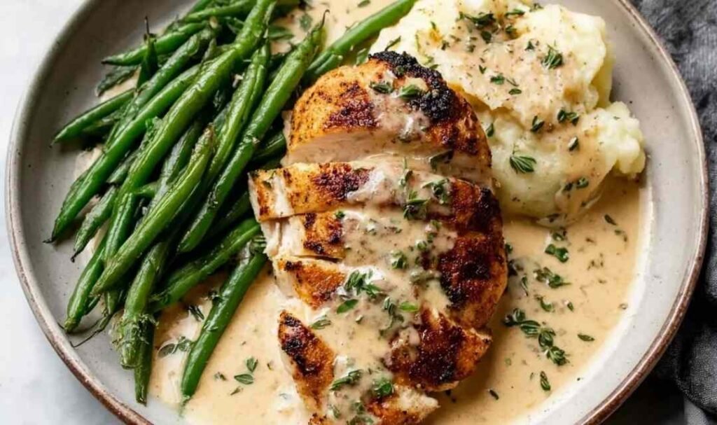 Creamy garlic parmesan chicken breast on a white dinner plate smothered in parmesan cream sauce and garnished with fresh chopped parsley