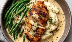 Creamy garlic parmesan chicken breast on a white dinner plate smothered in parmesan cream sauce and garnished with fresh chopped parsley