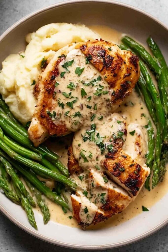 Creamy garlic parmesan chicken breast on a white dinner plate smothered in parmesan cream sauce and garnished with fresh chopped parsley