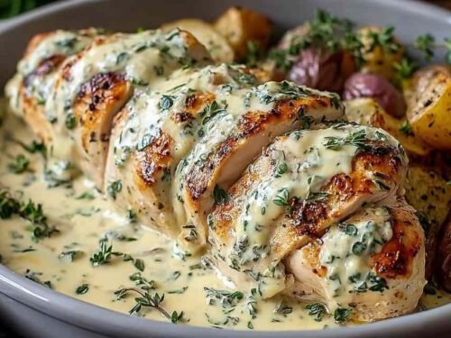 Creamy herb chicken with garlic Parmesan cream sauce served in a skillet garnished with fresh parsley
