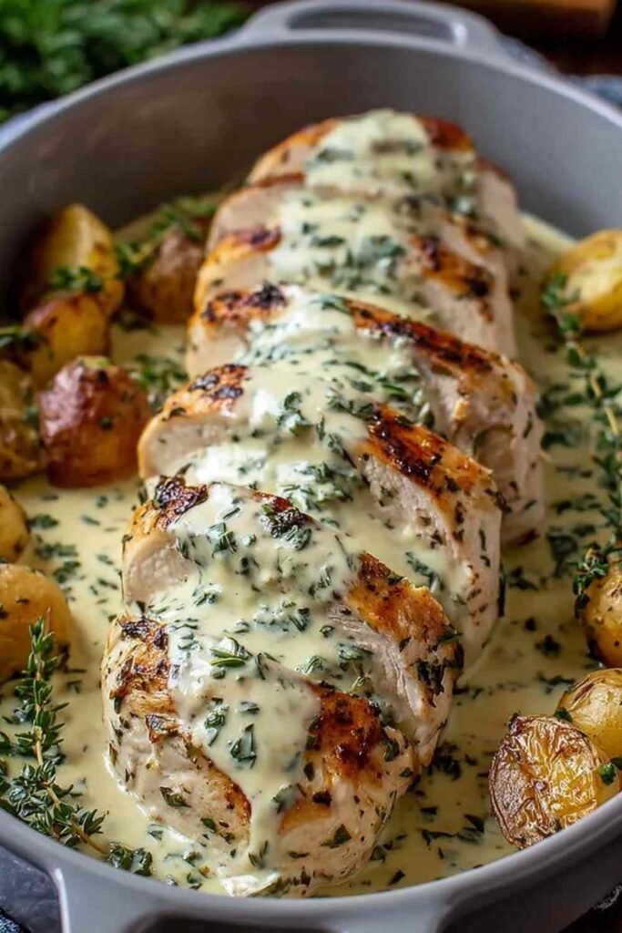 Creamy herb chicken with garlic Parmesan cream sauce served in a skillet garnished with fresh parsley