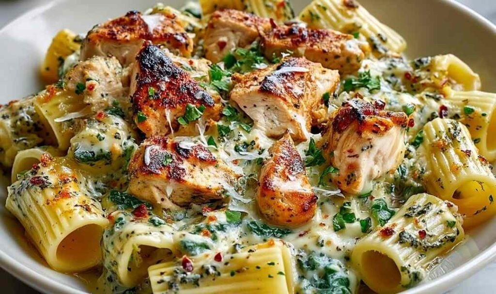 Creamy pesto chicken pasta bake with golden bubbling mozzarella and Parmesan in a white baking dish