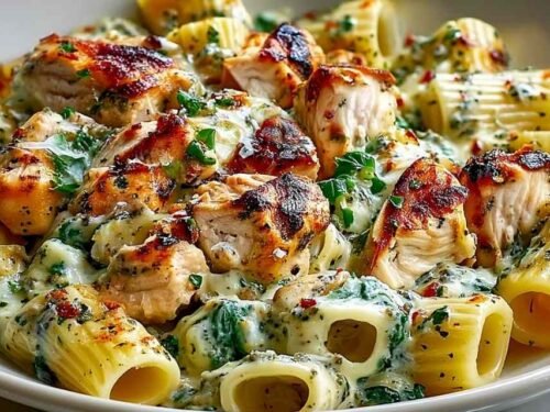 Creamy pesto chicken pasta bake with golden bubbling mozzarella and Parmesan in a white baking dish