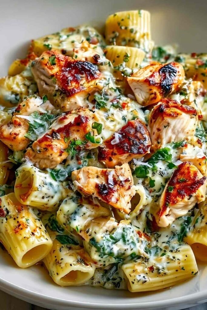Creamy pesto chicken pasta bake with golden bubbling mozzarella and Parmesan in a white baking dish
