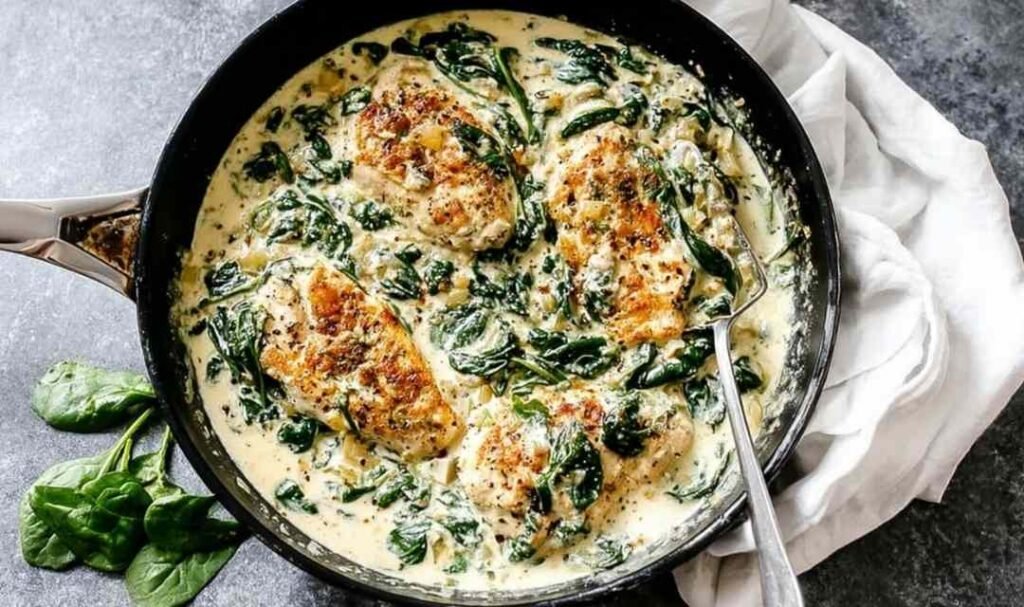 Creamy spinach chicken served on a white plate with golden chicken cutlets in a rich garlic cream sauce with wilted spinach