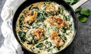 Creamy spinach chicken served on a white plate with golden chicken cutlets in a rich garlic cream sauce with wilted spinach