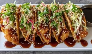 Crispy chicken wonton tacos with teriyaki glaze topped with shredded cabbage and sesame seeds on a white serving platter