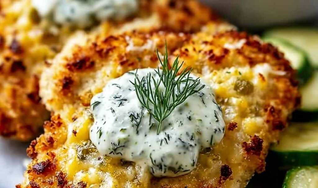 Crispy Dill Pickle Parmesan Chicken on a white plate showing the golden Parmesan breadcrumb crust, served alongside creamy mashed potatoes and zesty coleslaw