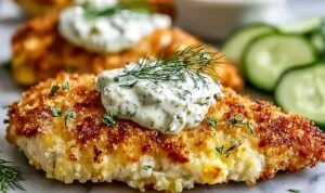 Crispy Dill Pickle Parmesan Chicken on a white plate showing the golden Parmesan breadcrumb crust, served alongside creamy mashed potatoes and zesty coleslaw