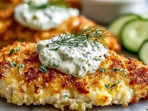 Crispy Dill Pickle Parmesan Chicken on a white plate showing the golden Parmesan breadcrumb crust, served alongside creamy mashed potatoes and zesty coleslaw