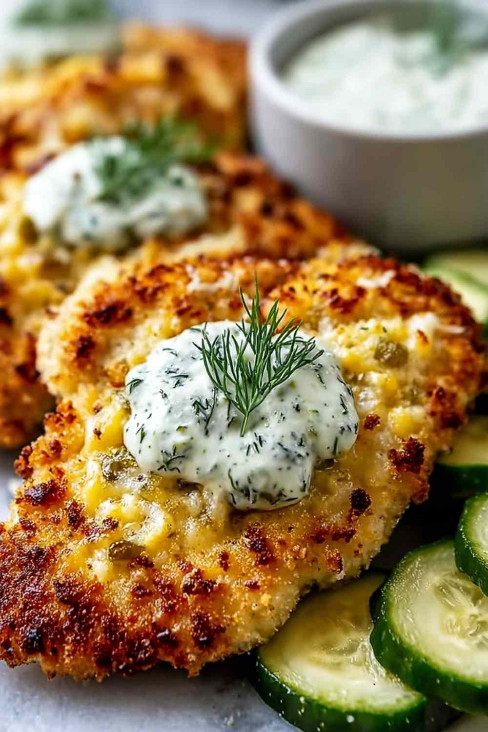 Crispy Dill Pickle Parmesan Chicken on a white plate showing the golden Parmesan breadcrumb crust, served alongside creamy mashed potatoes and zesty coleslaw
