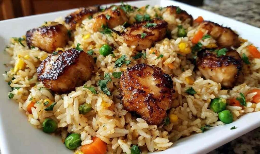 Crispy garlic chicken fried rice in a large skillet topped with chopped green onions and golden seared chicken pieces