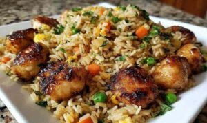 Crispy garlic chicken fried rice in a large skillet topped with chopped green onions and golden seared chicken pieces