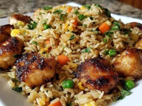 Crispy garlic chicken fried rice in a large skillet topped with chopped green onions and golden seared chicken pieces