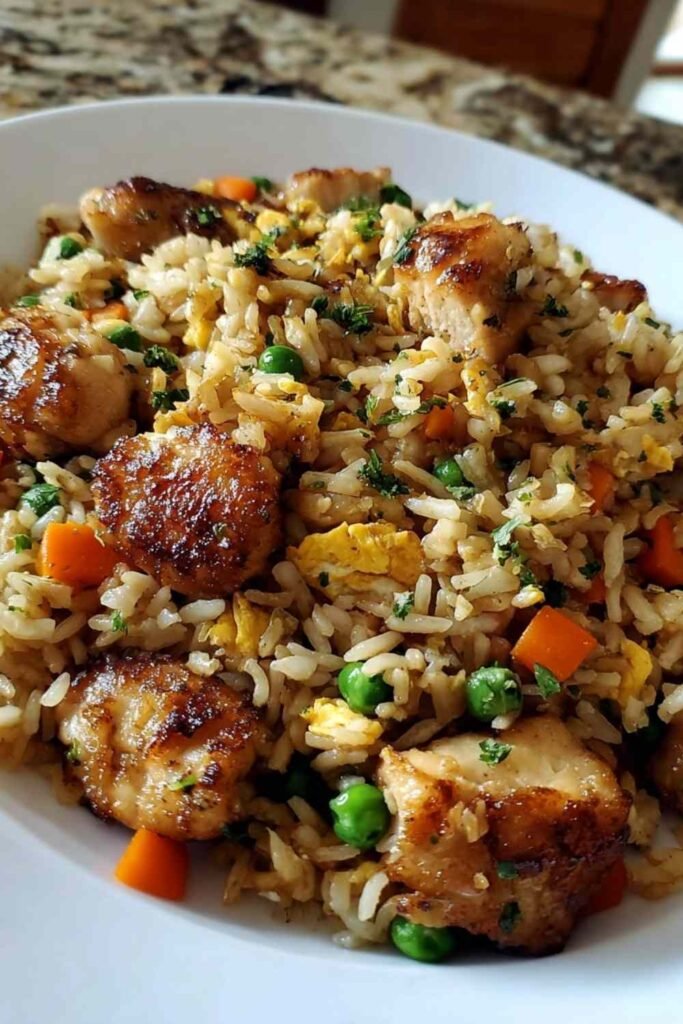 Crispy garlic chicken fried rice in a large skillet topped with chopped green onions and golden seared chicken pieces